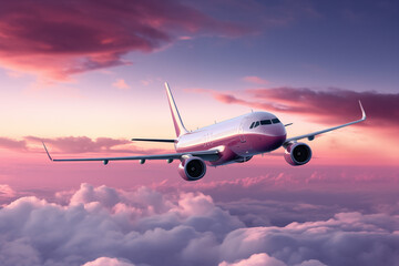 Photo of commercial airplane on pink sky - obrazy, fototapety, plakaty