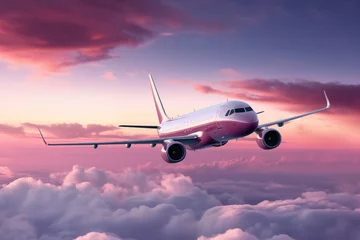 Fotobehang Photo of commercial airplane on pink sky © Kalim