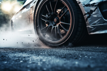 Photo of sport car tire with smoke during drift