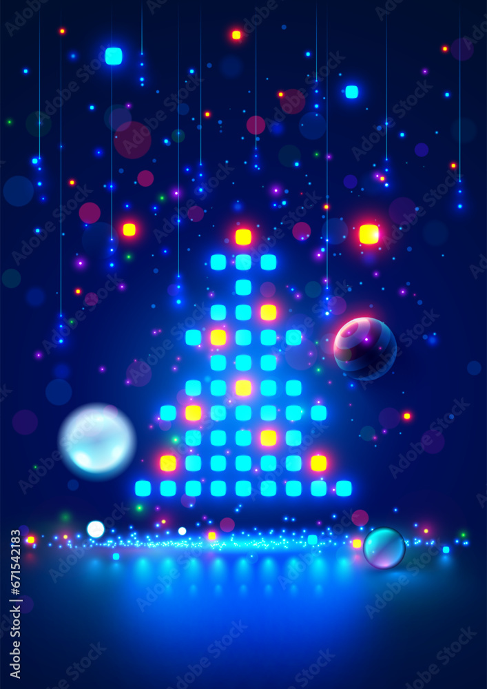 Poster christmas tree on christmas poster in computer technology style. new year, merry christmas congratul