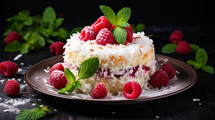 Cake with pink mascarpone cream and fresh berries.