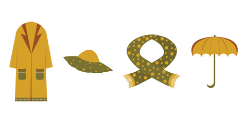 Set of cozy autumn clothes for woman. Coat, hat, scarf and umbrella. Vector illustration made in green, yellow, red colors on white background