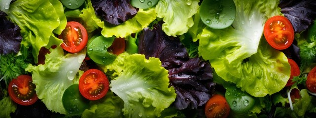 Salad mix leaves and tomat background. Fresh Salad Pattern. - obrazy, fototapety, plakaty