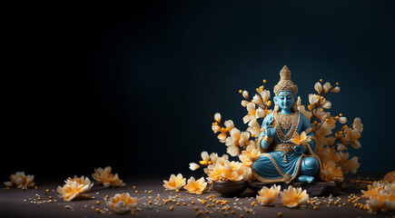 Hindu god. Vishnu, Indian lord of Hinduism. Hari god of ancient India. Hindu deity sitting on lotus flower, holding attributes. Traditional holy divinity. illustration copy space - obrazy, fototapety, plakaty
