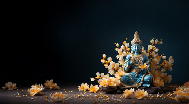Hindu god. Vishnu, Indian lord of Hinduism. Hari god of ancient India. Hindu deity sitting on lotus flower, holding attributes. Traditional holy divinity. illustration copy space