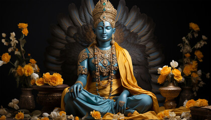 Hindu god. Vishnu, Indian lord of Hinduism. Hari god of ancient India. Hindu deity sitting on lotus flower, holding attributes. Traditional holy divinity. illustration copy space - obrazy, fototapety, plakaty