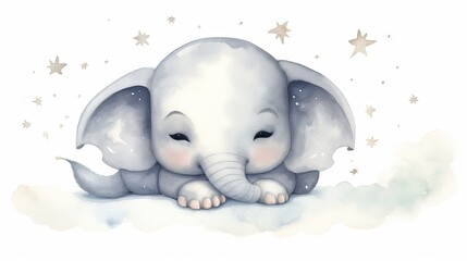  a watercolor painting of an elephant with stars on it's head and its trunk resting on the ground.  generative ai