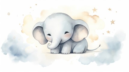  a watercolor painting of a baby elephant sitting on the ground with stars around it's head and trunk.  generative ai
