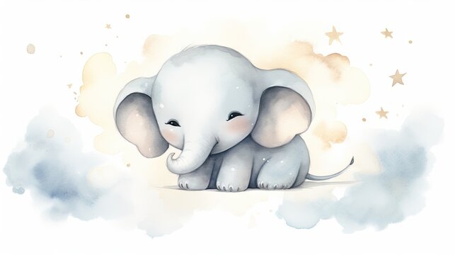 a watercolor painting of a baby elephant sitting on the ground with stars around it's head and trunk.  generative ai