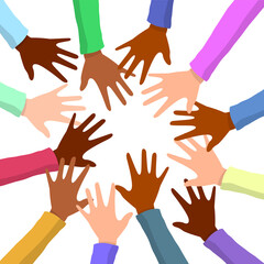 colorful hands reaching to a centerpoint. Illustration with different skincolors