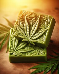 Cannabis soap made from hemp oil. Skincare and cosmetics concept. Generative Ai - obrazy, fototapety, plakaty