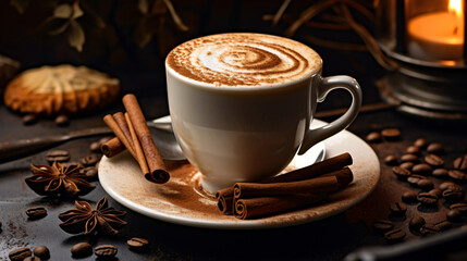Cappuccino with cocoa and cinnamon stick.