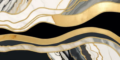Gordijnen Fond art déco abstrait avec un motif géométrique minimaliste, incrustation de mosaïque moderne, carrelage, texture d'agate de marbre et d'or. IA générative, IA © Merilno