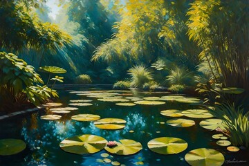 A serene waterscape with a tranquil pond, water lilies, and weeping willow trees, their reflections shimmering in the gentle ripples