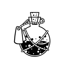 Magic bottle. Esoteric alchemy and glass elixir poison. Mystery chemistry drink. Fantasy cartoon magical mystic mixture, Vintage decorative element