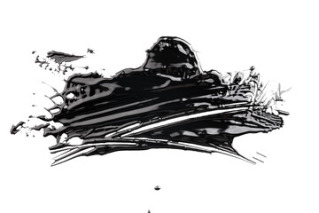 Acrylic paint blot, chaotic brushstroke, spot flowing on white paper background. Creative black color backdrop, fluid art.