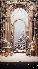 Gorgeous winter scene background with classic archs, Christmas trees, snow, candels and decorations. Great idea for Christmas, New Year celebration interior design, backdrop, background. Generative AI