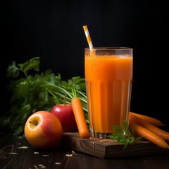 a glass of orange juice with straw next to vegetables