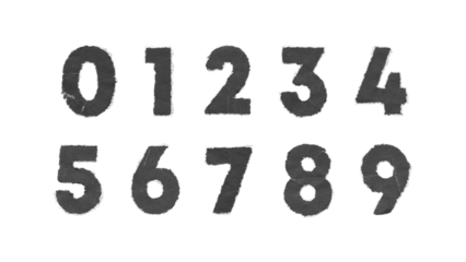 Torn Paper PNG numbers with black folded texture and white paper edges on transparent background