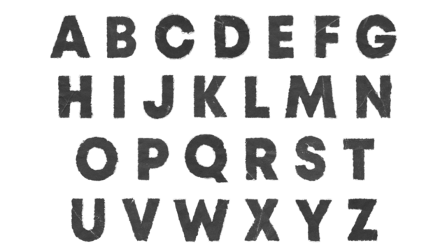 Torn Paper PNG Letters with black folded texture and white paper edges on transparent background