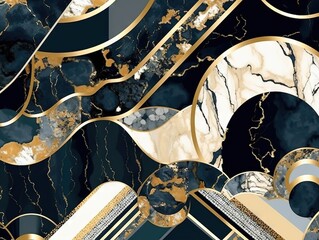 Fond art déco abstrait avec motif géométrique minimaliste, incrustation de mosaïque moderne, texture d'agate de marbre et d'or. IA générative, IA
