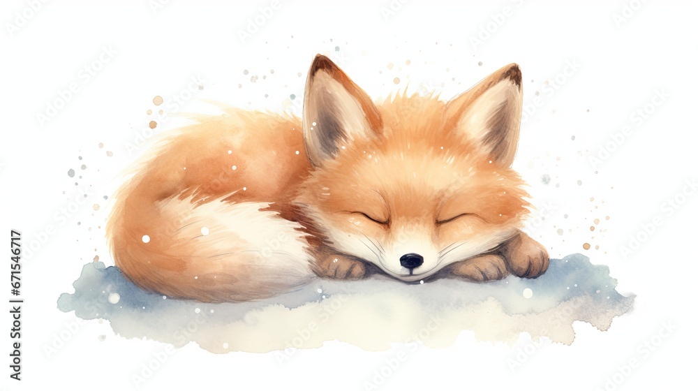 Poster a watercolor painting of a sleeping fox on a snow covered ground with its head resting on its paws, 