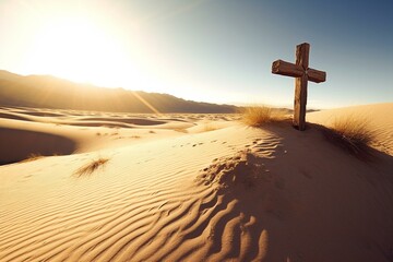 Sunlit wooden cross in desert. Generative AI