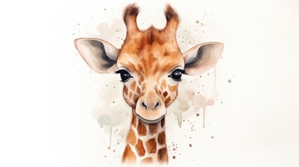  a close up of a giraffe's face with a watercolor painting of it's head.  generative ai