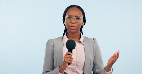 News reporter woman, microphone and studio portrait for speech, presentation or info by blue...