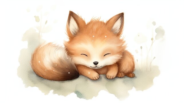  a watercolor painting of a little fox laying on the ground with its eyes closed and its head resting on its paws.  generative ai