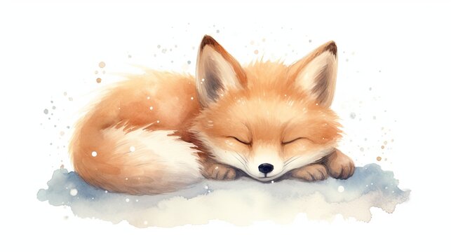  a watercolor painting of a sleeping fox on a snow covered ground with its head resting on its paws, with its eyes closed.  generative ai