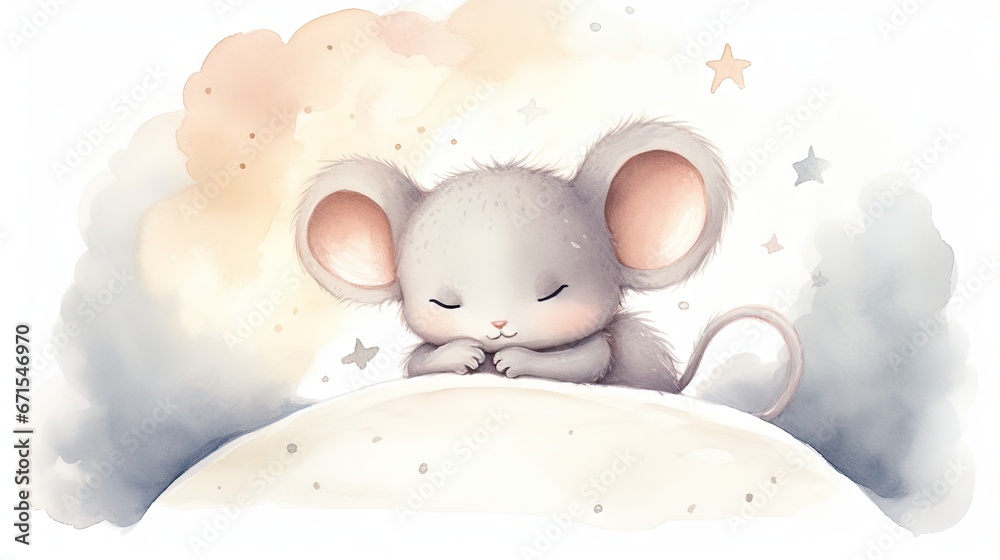 Poster  a watercolor painting of a mouse sleeping on top of a pillow with stars on the sky in the background.  generative ai