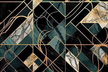 Fototapeta premium Fond art déco abstrait avec motif géométrique minimaliste, incrustation de mosaïque moderne, texture d'agate de marbre et d'or. IA générative, IA