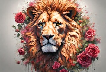 Roses Reign: 3D Realistic Lion Illustration in a Lush World Flower Power Roar