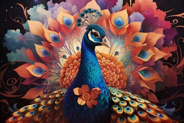 peacock feather and feathers with Colourful background, generative AI