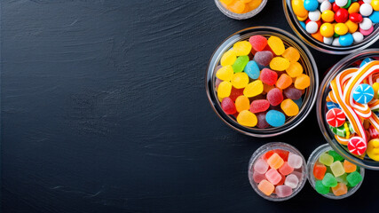 Obraz na płótnie Canvas Colorful candies in glass bowls on black background. Top view with copy space