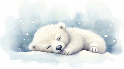  a painting of a polar bear sleeping on a snow covered ground with snow flakes on it's surface.  generative ai