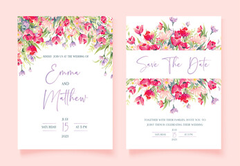 Floral watercolor wedding invitation with pink wild flowers and Save The Date cards, vector template.