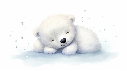  a white teddy bear laying down with its eyes closed and it's head resting on it's paw.  generative ai