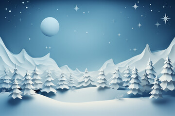 Fototapeta na wymiar Winter background designed in an origami style, featuring a serene landscape adorned with intricate white and blue origami winter elements. Ai generated