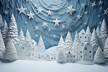 Winter background designed in an origami style, featuring a serene landscape adorned with intricate white and blue origami winter elements. Ai generated - obrazy, fototapety, plakaty