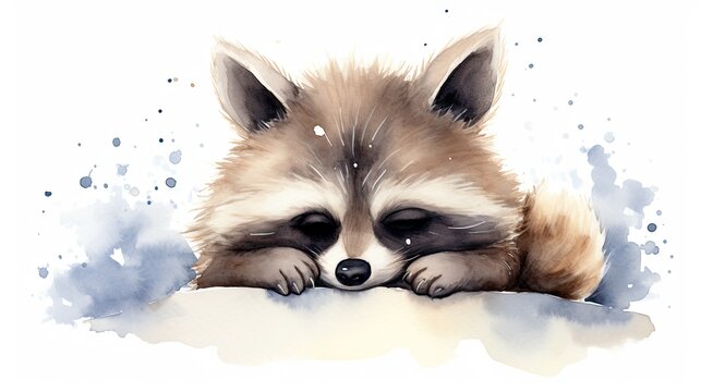  a watercolor painting of a baby raccoon sleeping on a pillow with it's head resting on its paws.  generative ai