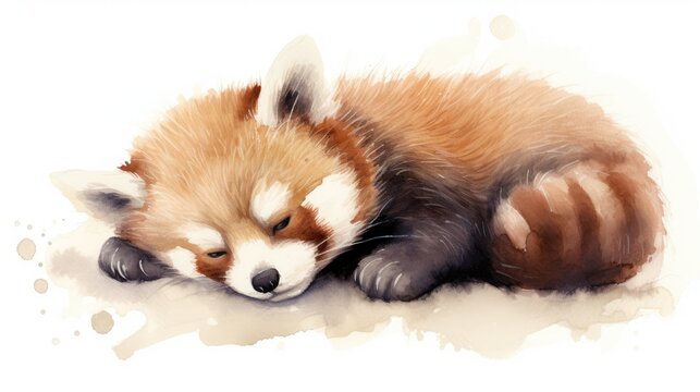  a painting of a red and white baby fox sleeping on the ground with it's head on its paws.  generative ai