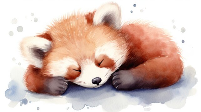  a watercolor painting of a red panda bear sleeping with its eyes closed and his head resting on his paws.  generative ai