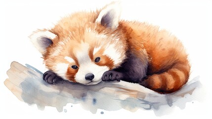 Obraz premium a watercolor painting of a red panda bear resting on a branch with its head resting on the paw of another animal. generative ai