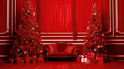 Red background setting the stage for a festive Christmas tree display. - obrazy, fototapety, plakaty