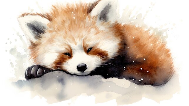  a watercolor painting of a red panda bear resting on the ground with its head resting on the paw of another animal.  generative ai