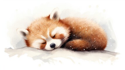  a painting of a red panda sleeping on a white surface with snow falling down on it's head and it's eyes closed.  generative ai