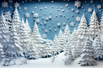 Obraz premium Winter background designed in an origami style, featuring a serene landscape adorned with intricate white and blue origami winter elements. Ai generated