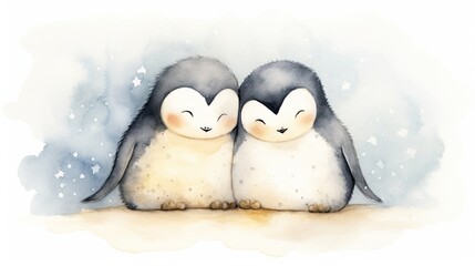  a couple of penguins sitting next to each other on top of a snow covered ground in front of a blue sky.  generative ai